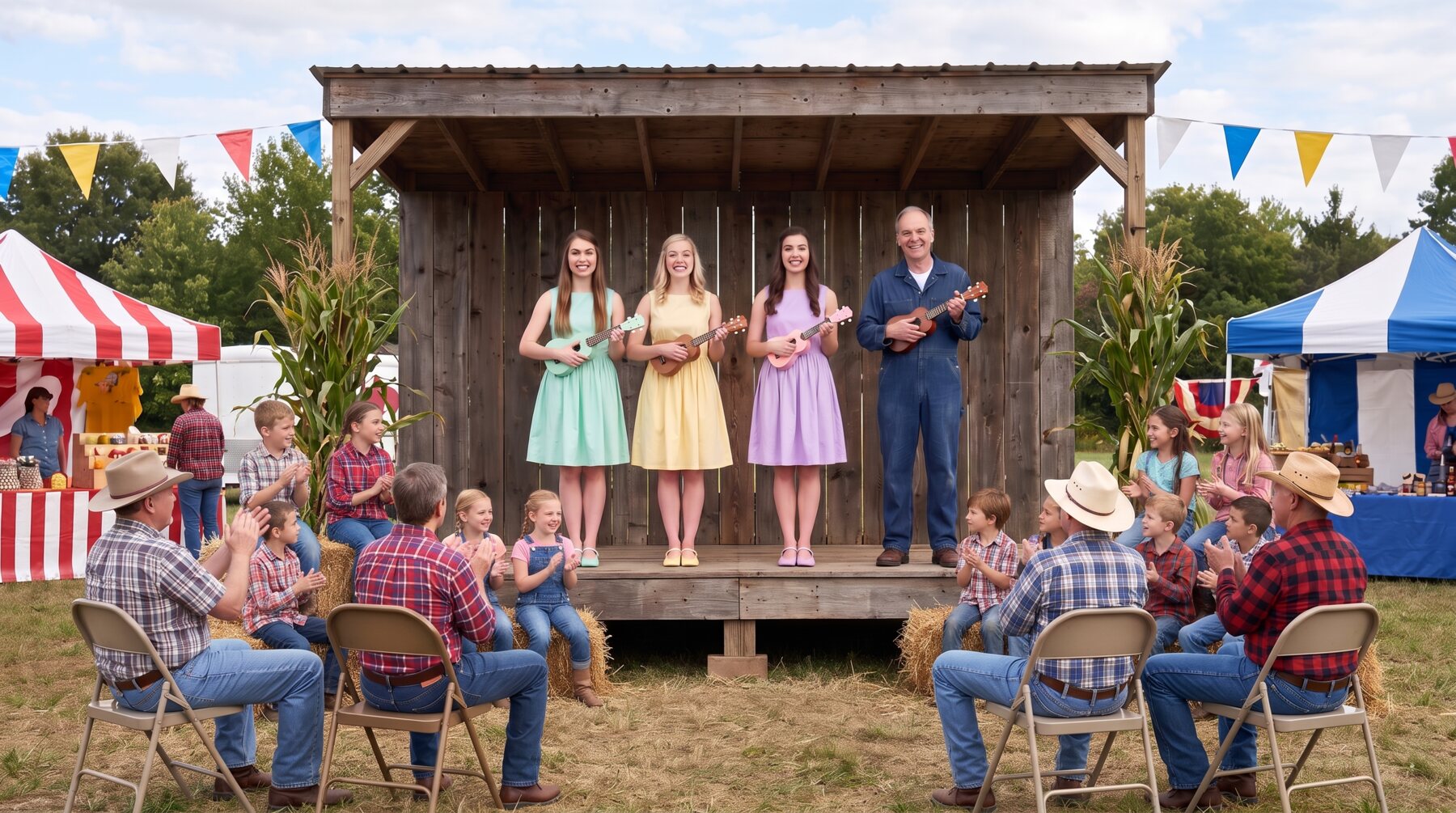 Fiddle Diddles performing on a wooden stage at a county fair with hay bales and bunting.
