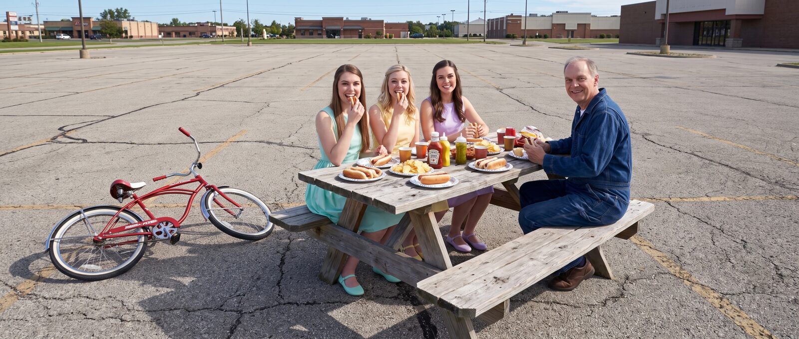The Diddle family at a picnic table with the red bicycle nearby.