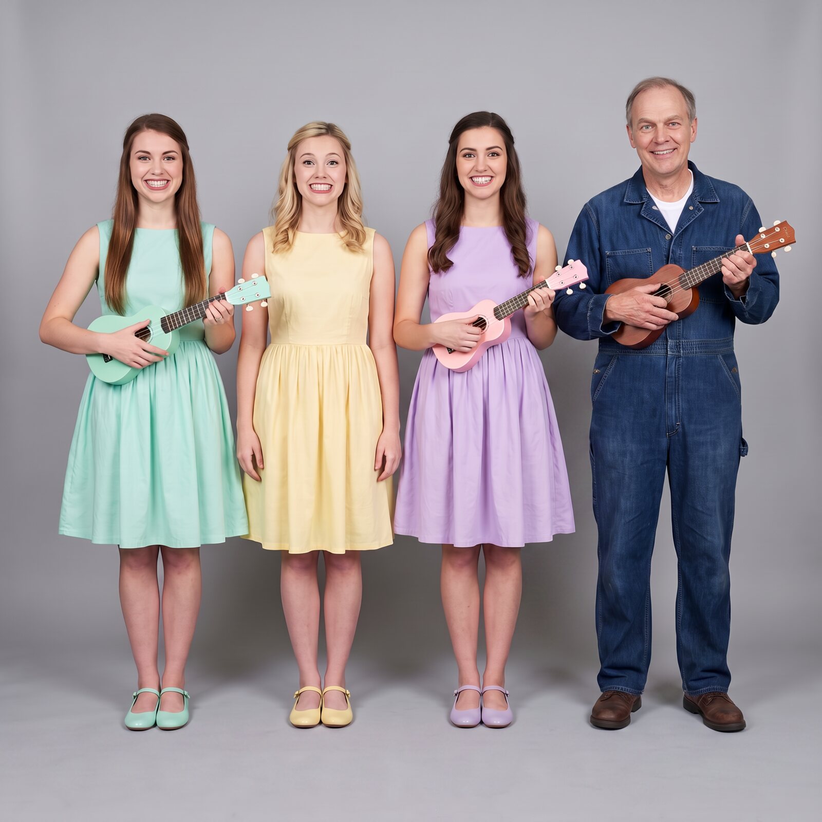 Fiddle Diddles band portrait: three sisters in mint, yellow and lavender dresses and their father in denim coveralls.